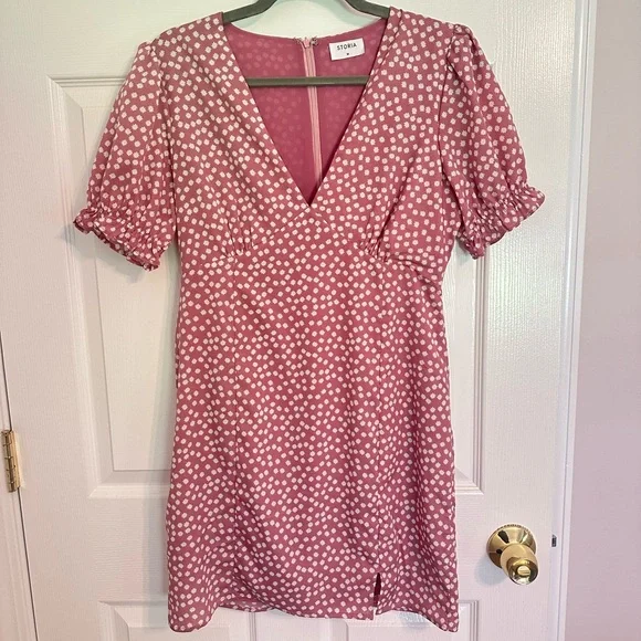 storia pink dress STORIA boutique pink coral FLORAL ruffle MINI dress SMALL